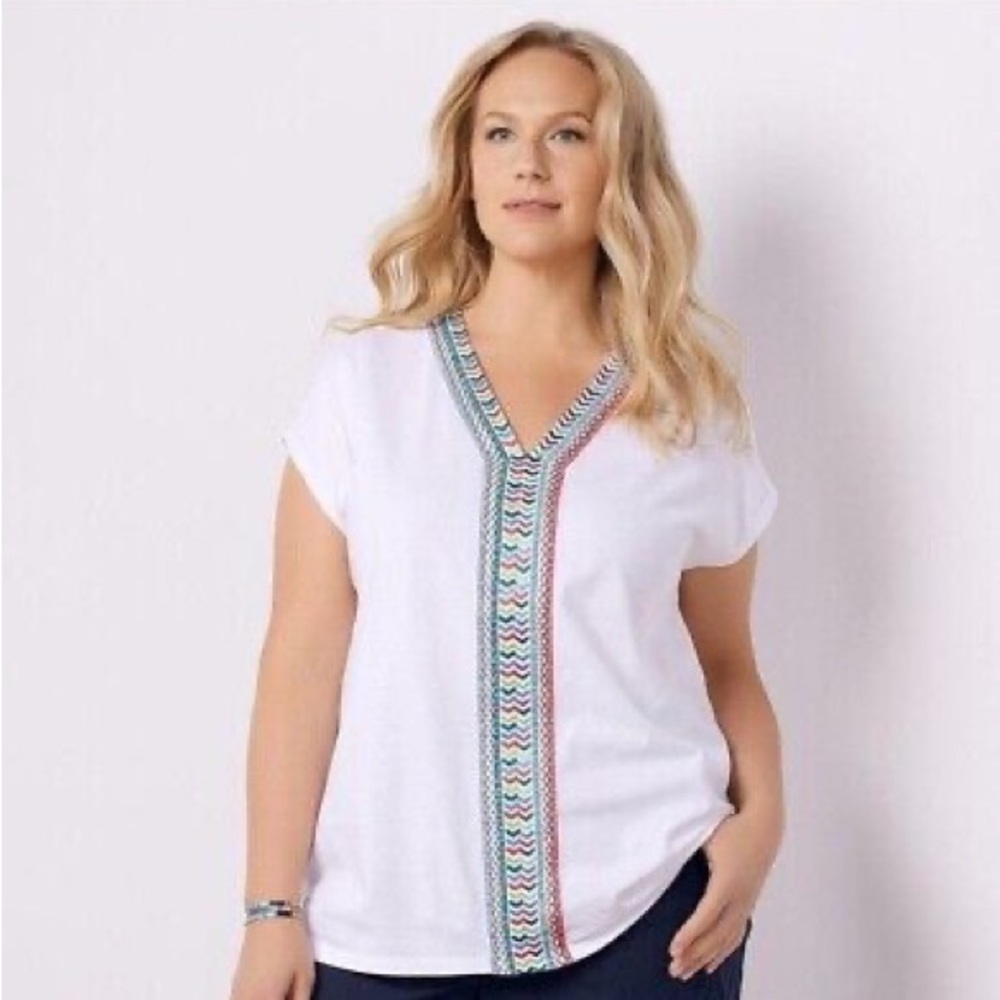 Soft Surroundings White Cap Sleeve Embellished Blouse